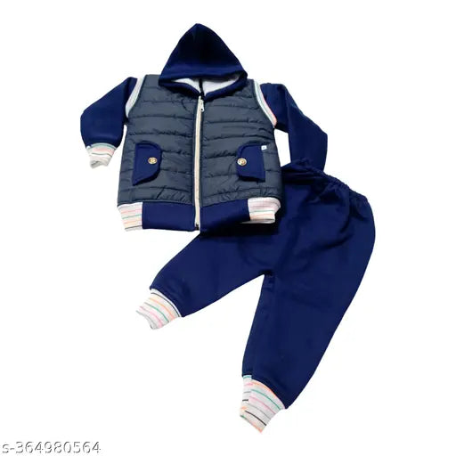 Navy blue padded kid's jacket with hood and pejamas set