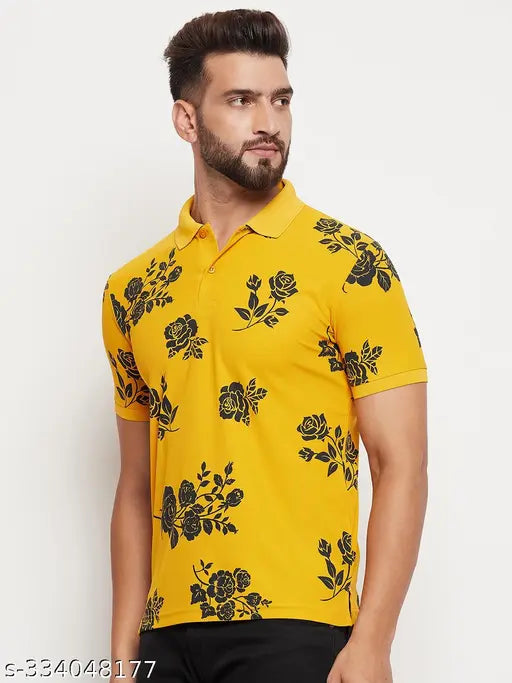 Rare men's cotton blend allover printed polo collar t-shirt, short sleeves, country of origin: India (L: 42" chest, 28" length; XL: 44" chest, 29" length)