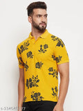 Rare men's cotton blend allover printed polo collar t-shirt, short sleeves, country of origin: India (L: 42" chest, 28" length; XL: 44" chest, 29" length)