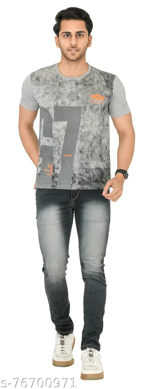 Men's plus size polyester T-shirt by Shaun, short sleeves, printed design. Size 7XL (Chest 52in, Length 34.5in). Indian brand for trendy and dashing clothing