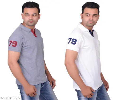 Cotton blend polo neck t-shirts, La MIlano brand. Solid color, short sleeves, matching lace openings, side cuts. Two pack combo, Indian origin