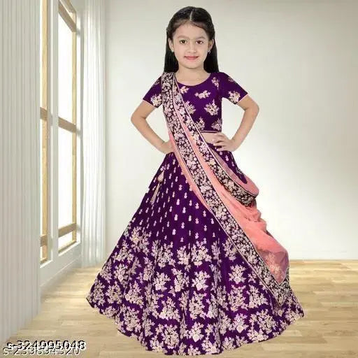 Embroidered kids girl's traditional semi-stitched satin lehenga choli with short sleeves, intricate net pattern, India origin