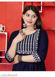 Women's navy blue cotton casual anarkali kurta with embroidery