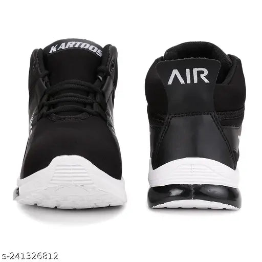 Black sports shoes with black laces and white soles, featuring a white logo on the side