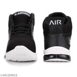 Black sports shoes with black laces and white soles, featuring a white logo on the side