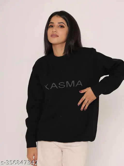 Wool self-design crop sweater with floral print, long sleeves, and round neck. Handmade women's sweater from India." (124 characters)