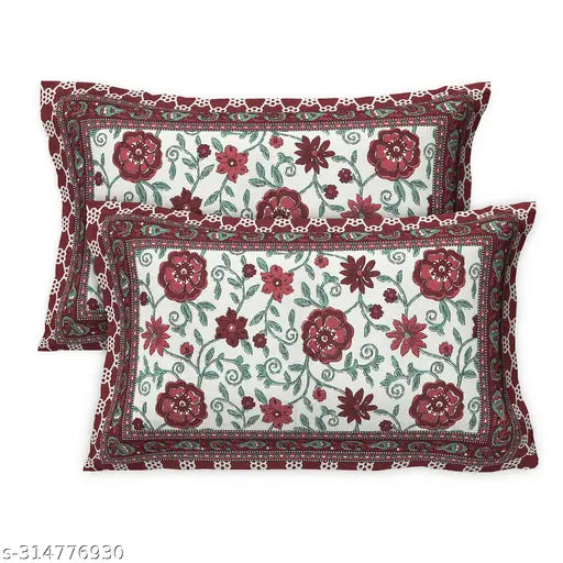 Jaipuri block printed 100% cotton king size bedsheet with red flowers and border.