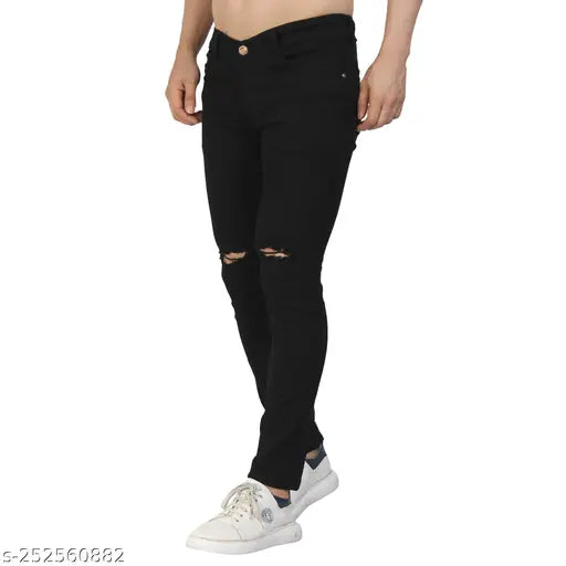 Mens black knee-cut stretchable denim jeans, regular fit and slim wear for casual outings. Size 28, 30, or 32 inches waist with length size 39 inches, origin India