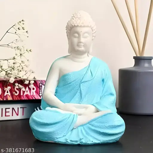 Blue, polyresin meditating Buddha statue, decorative showpiece, 9cm x 7cm x 15cm (LxWxH)