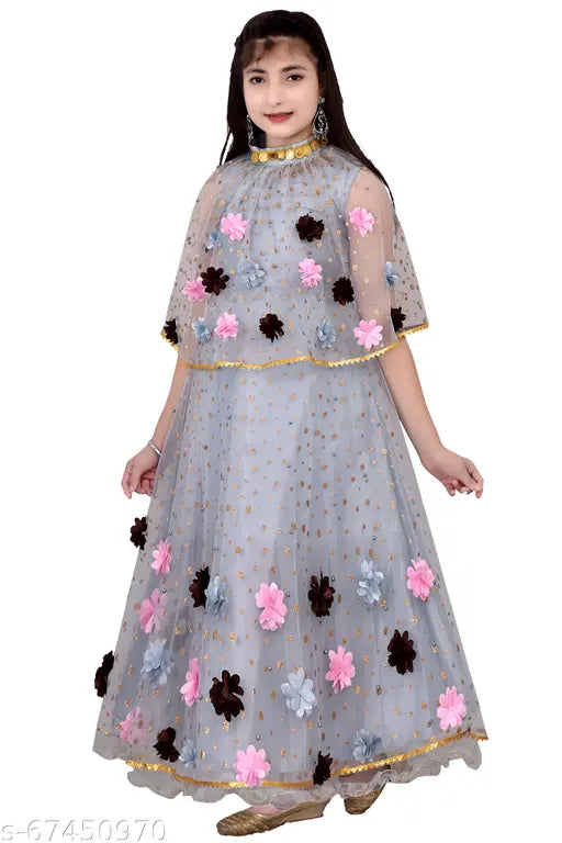 Gray and black embroidered party dress for Barbie doll, long sleeves, full length