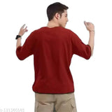 Maroon oversize cotton blend t-shirt, solid net, three-quarter sleeves - men's fashion essential for casual outfits