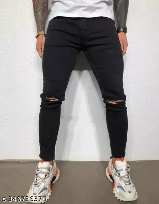 Black denim Mod Men knee-slit jeans, solid pattern, size 28/30/32