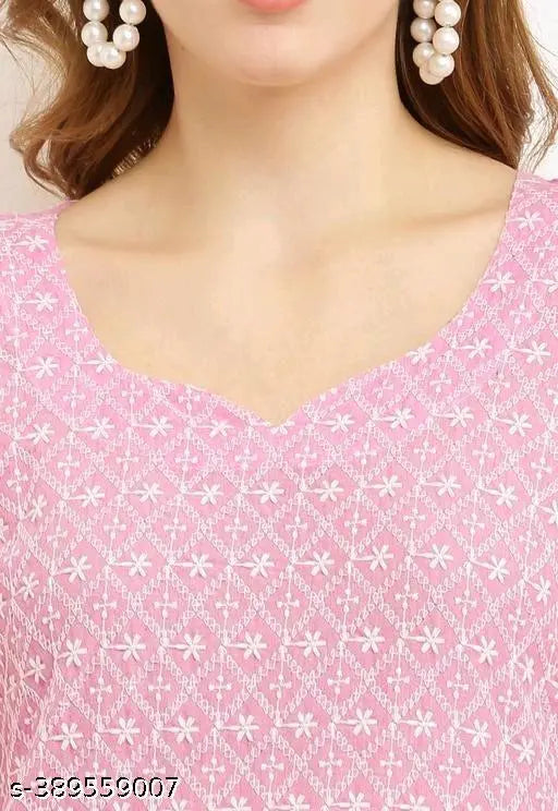 Pink Chanderi Cotton Kurta & Plazzo Set with three-quarter sleeves, printed net pattern. Pack of 2. Made in India