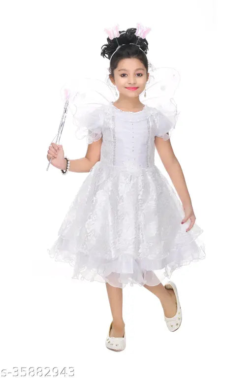 White satin party dress with poof sleeves and headband