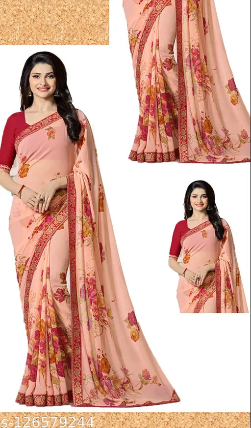 MRL Georgette saree with semi-stitched blouse in red, 63m total length