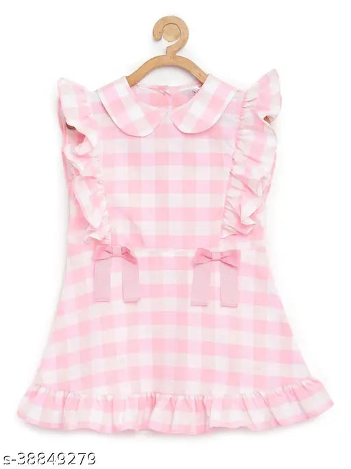 Pink cotton check dress with ruffled waist