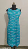 Blue rayon printed sleeveless kurta with round neck and ankle length, size XS (Bust 34in, Length 43in), Indian fashion trend