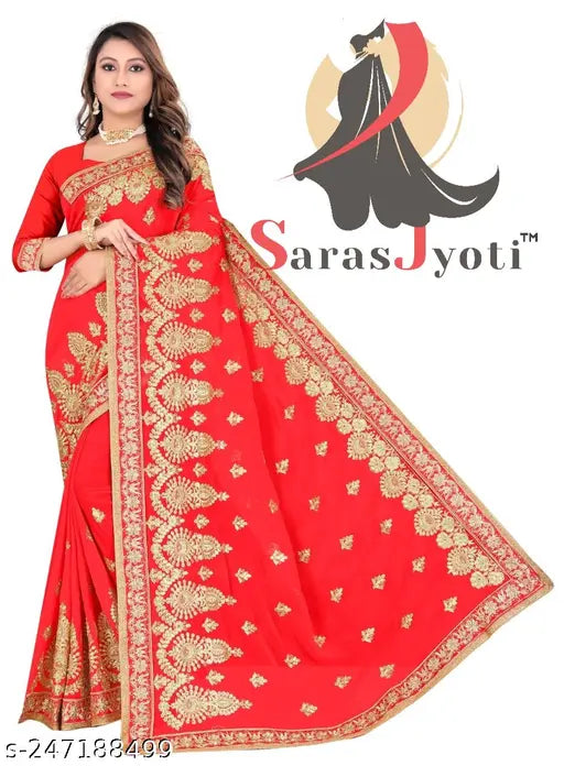 Red and gold embroidery saree with border, suitable for festivals