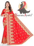 Red and gold embroidery saree with border, suitable for festivals