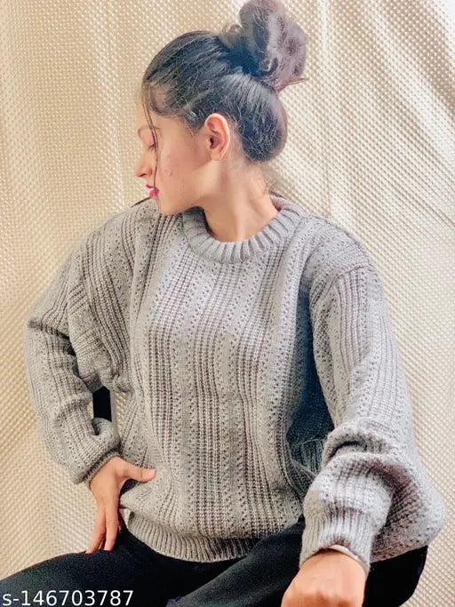 Grey wool striped sweater for women, trendy and suitable for both ladies and girls, hand wash, cold winter sweater, fashionable, can be paired with leggings, jeans or chinos. Made in India