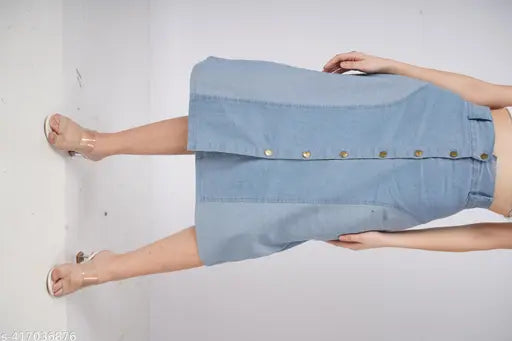 denim skirt for women, two-tone A-line design with front buttons, calf length, self-designed net detail, Sizes: 28, 30, 32, 34, 36 (Waist: 28/30/32/34/36, Hip: 35/37/39/41/41, Length: 30 in)