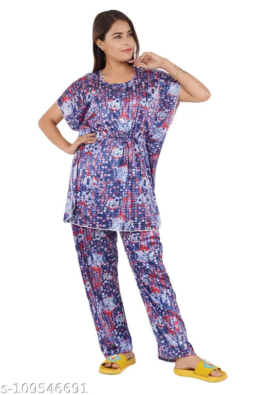 Printed kaftan-style night suit set in soft satin fabric, ideal for sleepwear or lounge wear, India origin