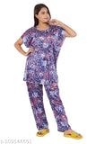 Printed kaftan-style night suit set in soft satin fabric, ideal for sleepwear or lounge wear, India origin