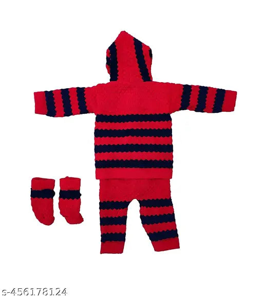 Red and black woolen baby dress (0-6 months), warm and cozy knit with long sleeves