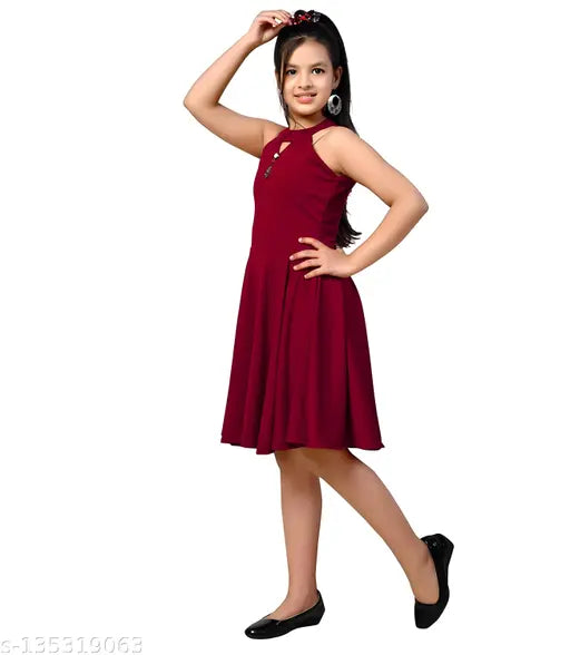 A girl wearing a red long-sleeved maxi dress with no visible brand, material, or additional visible attributes