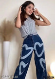 Dark blue denim jeans with wide legs and a heart print pattern