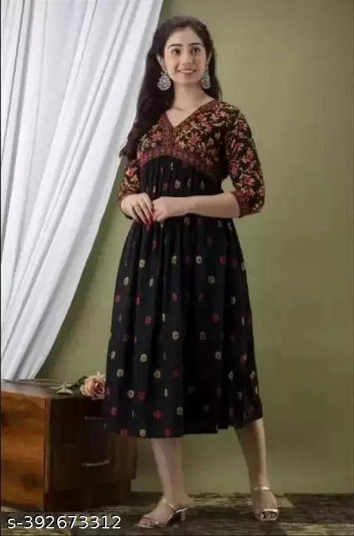 Black anarkali kurti with floral print, long skirt, fitted blouse