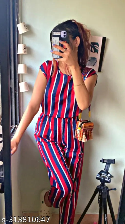 Striped crepe jumpsuit for women trendy, short sleeves, size M with bust 36in, length 58in, waist 34in, Indian origin