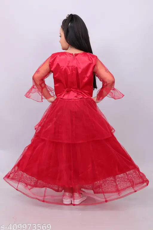 Stunning, floral-embroidered, net lehenga dress for girls with long sleeves - Indian mirror work wedding and festive attire