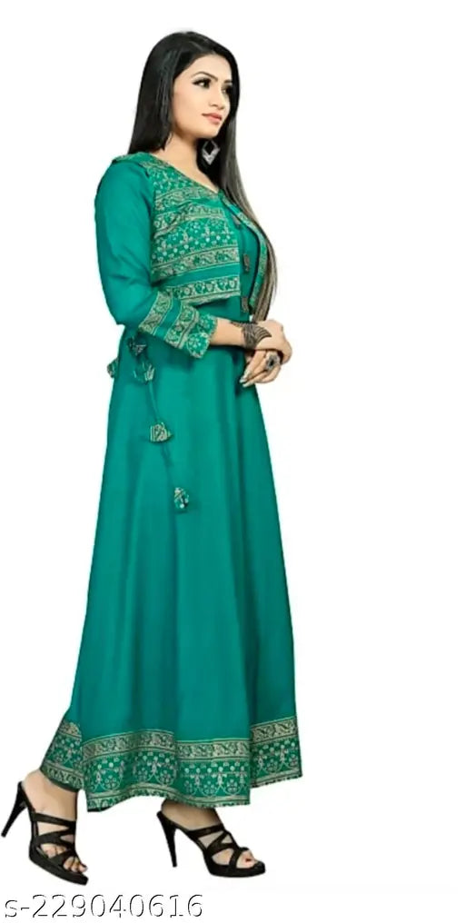 Rayon Anarkali kurti with koti print, three-quarter sleeves, Indian women's fashion under Rs 499