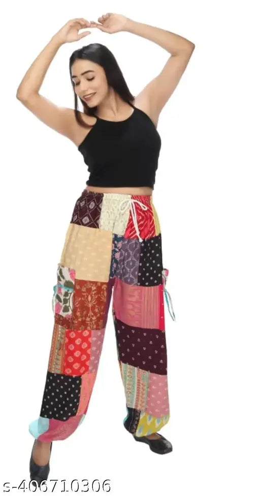 Multicolored cotton harem pants with patch work design, loose fit, suitable for yoga or dance