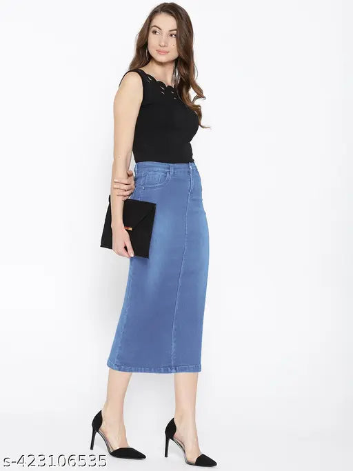 Cotton blend long denim skirt with stretch and washed finish, available in sizes 28, 30, 32, 34 (W28 L30 H34, W30 L30 H36, W32 L30 H38, W34 L30 H40), made in India