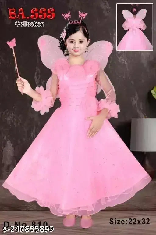 Pink cotton blend formal children's dress with white ruffle trim, one size fits most, for festivals or celebrations