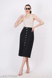 Denim high-rise waist midi skirt with side slit, black pure cotton, Berrylush elegance for women