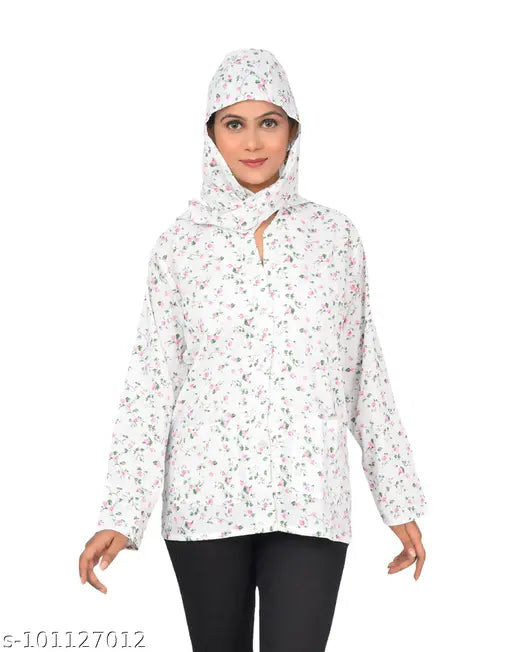 Pastel floral print cotton summer coat with cap for women, perfect for driving or travel, Made in India