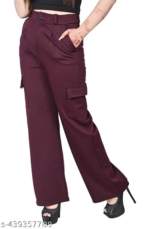 Maroon high-waisted trousers with a cargo pocket