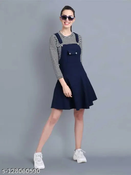 Navy Lycra long-sleeve dungaree for women - Solid design, made in India