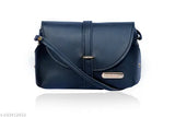 Dark blue leather crossbody bag with flap closure