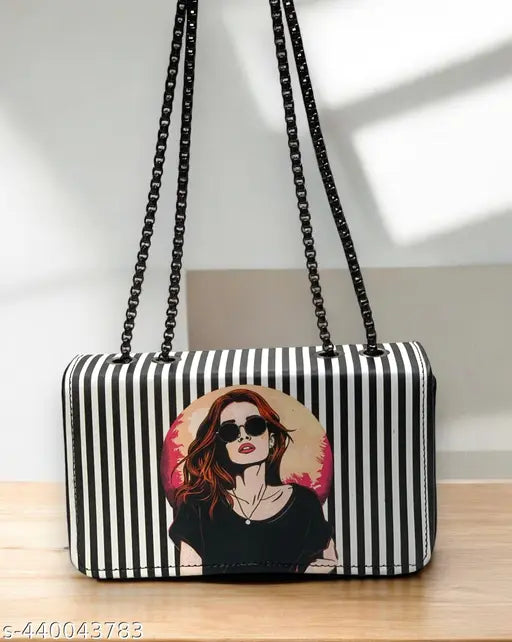 Black and white striped sling bag, featuring a graphic of a woman's face