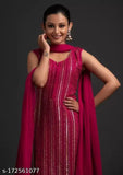 Red sequined sari with long pallu