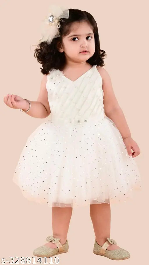 White party frock with pearl detailing, strap shoulder design