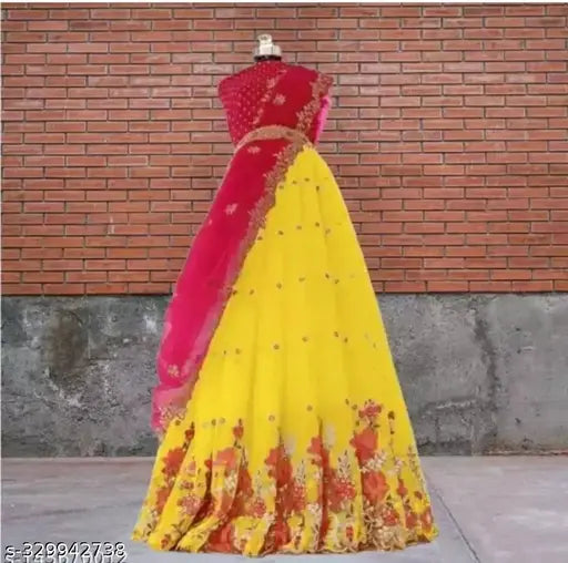 Graceful Dupion Silk Indian Lehenga with Embroidered Top and Net Dupatta, Free size, origin India