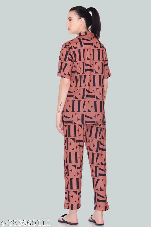 Printed cotton blend co-ord set for women, oversized two piece with long shirt and all over printed pants, writing pattern on top and bottom