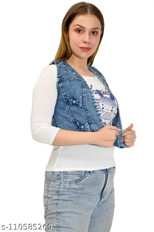 Girl's denim jacket with tank top, casual style