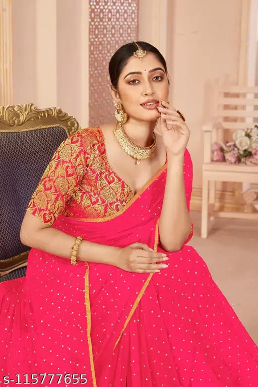 Chiffon saree with gold drop pattern, embellished and embroidered blouse for Indian traditional wear, single piece, free size, new Bollywood style, made in India (5.5m long, 0.8m blouse length)