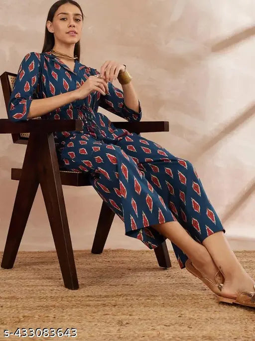 Blue Maroon rayon printed net jumpsuit, short sleeves, versatile for day outings or family gatherings